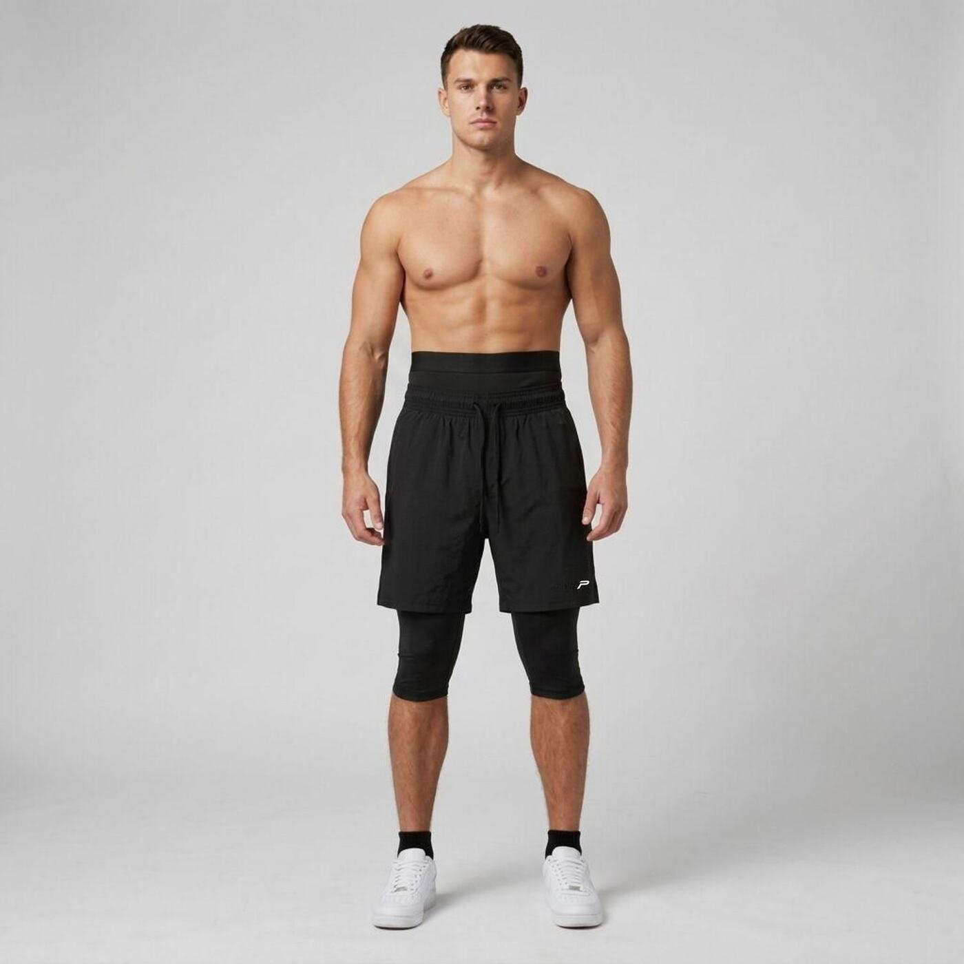 P Logo 3-in-1 Modest Activewear Shorts — Black — 6